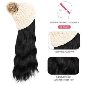 Beanie Wig with Long Black Wavy Hair | White Pom Winter Hat Wig | One Size
